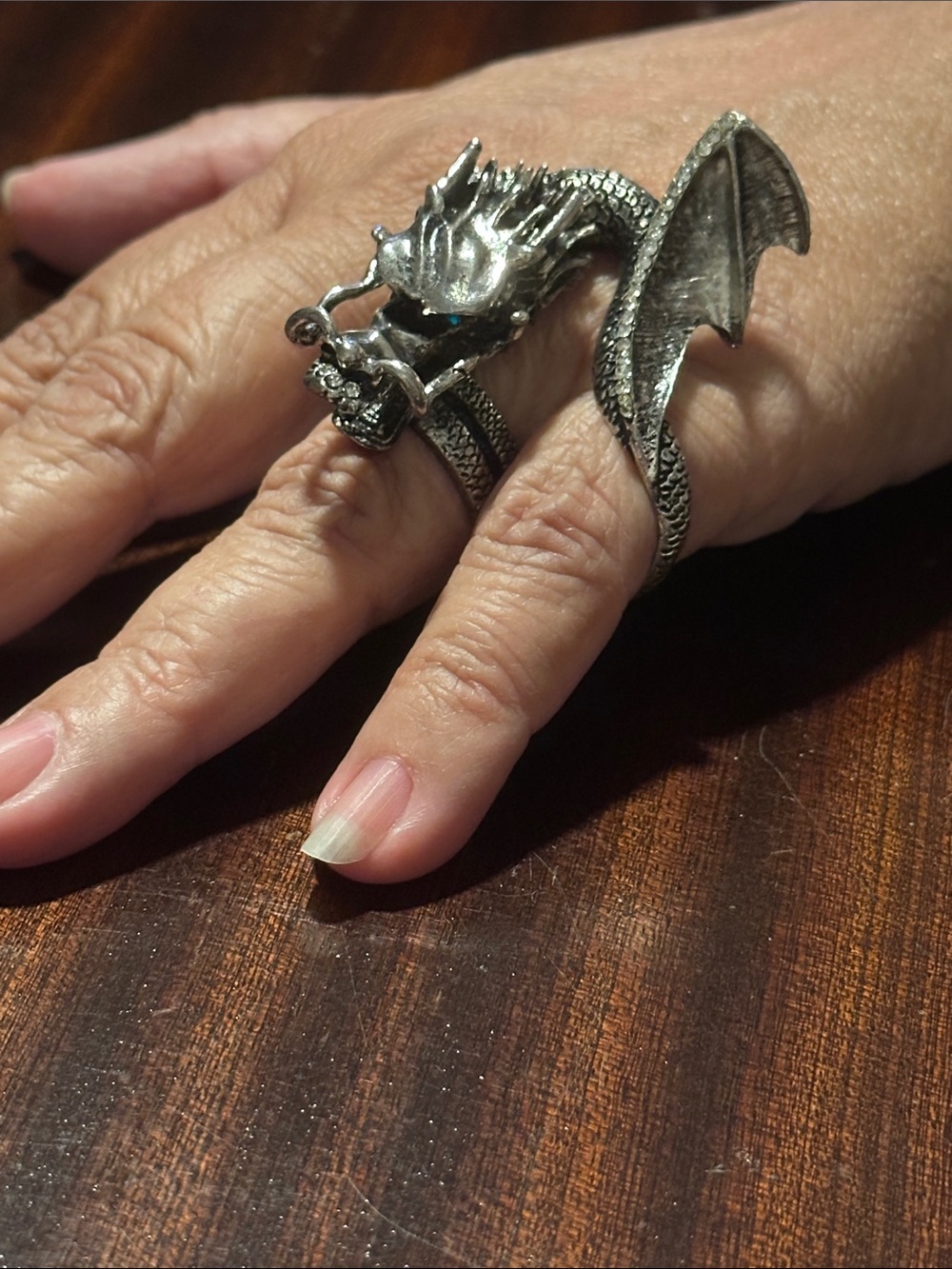 Silver Tone Dragon Double Ring Rhinestone Eyes